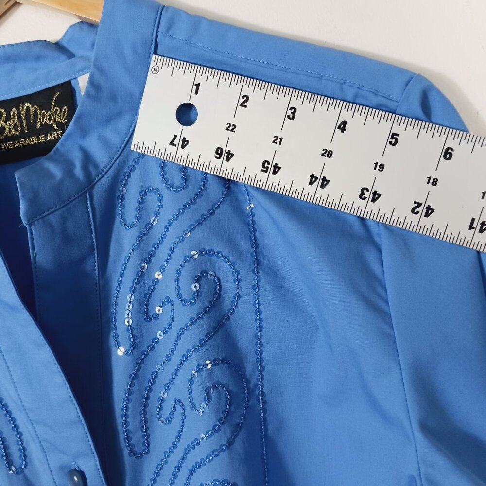 Bob Mackie NWT, Size Med., Blue, Button Down Shirt W/ Sequins & Mandarin Collar - Picture 13 of 16